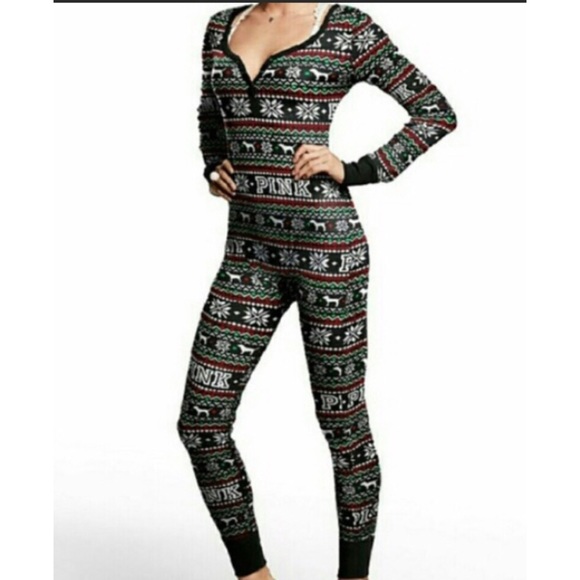 PINK Victoria's Secret Other - PINK VS Sleep 1 Piece Onesie Thermal Pajamas PJs Snowflakes Winter M